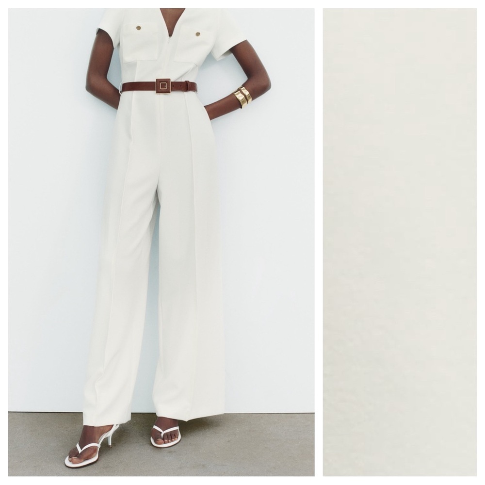 NWT. Zara White Belted Crepe V-neck Jumpsuit with Short Sleeves. Size L. - Picture 3 of 11